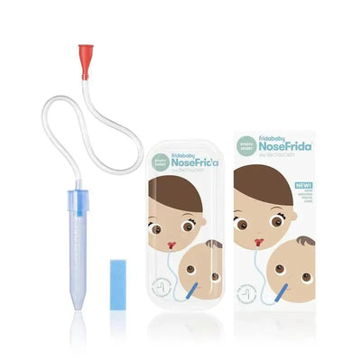 NoseFrida the Snotsucker kit with travel case, featuring a blue filter and illustrated packaging showing a child and parent.