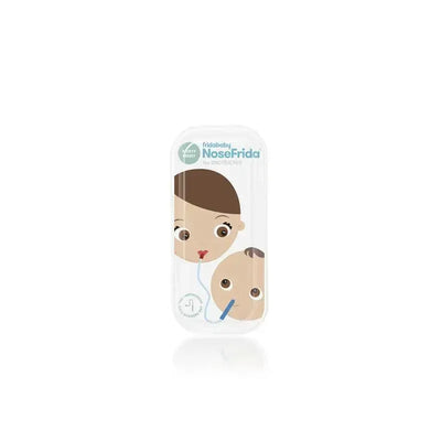Fridababy NoseFrida the Snotsucker in a travel case, featuring cartoon faces of a mother and baby.