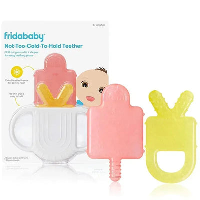 Fridababy Not-Too-Cold-to-Hold Silicone Teether set featuring a clear handle and colorful gel inserts for teething relief.