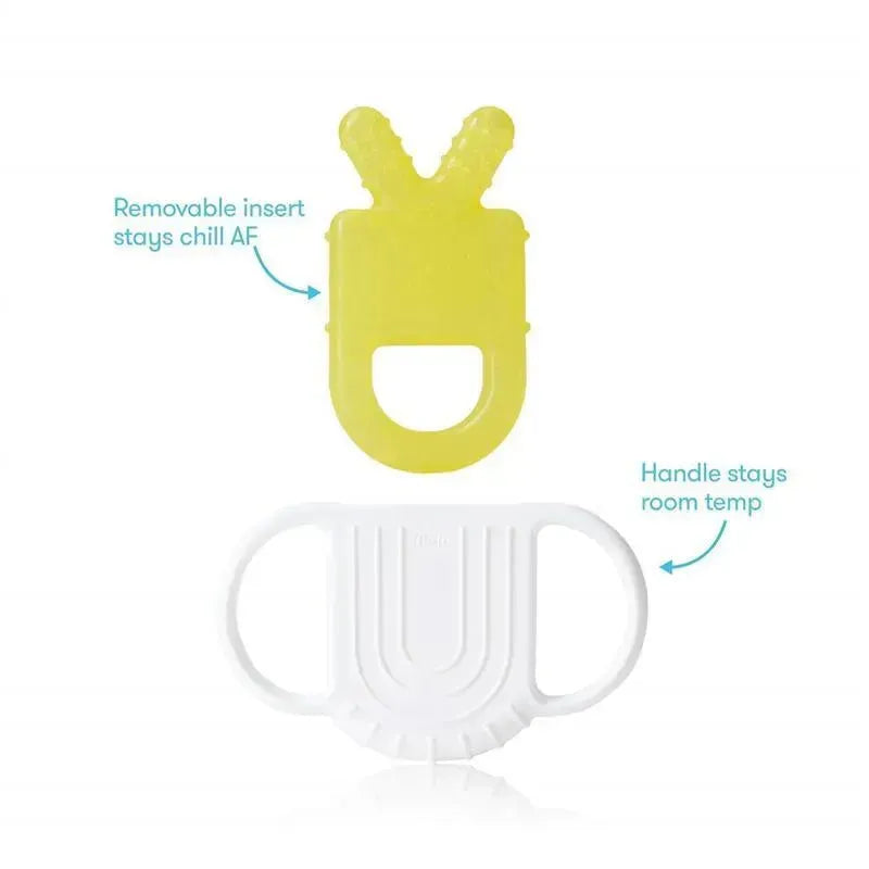 Silicone teether set from Fridababy featuring a yellow removable insert and a white handle with labels about temperature.