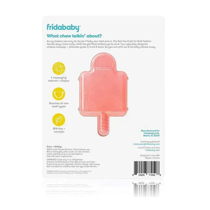 Pink silicone teether shaped like a popsicle, designed for infants with textured surfaces for gum relief.