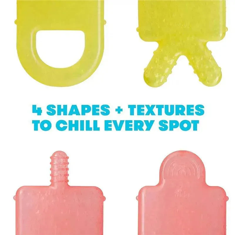 Silicone teether set from Fridababy featuring two yellow and two pink teethers with various shapes and textures for soothing gums.