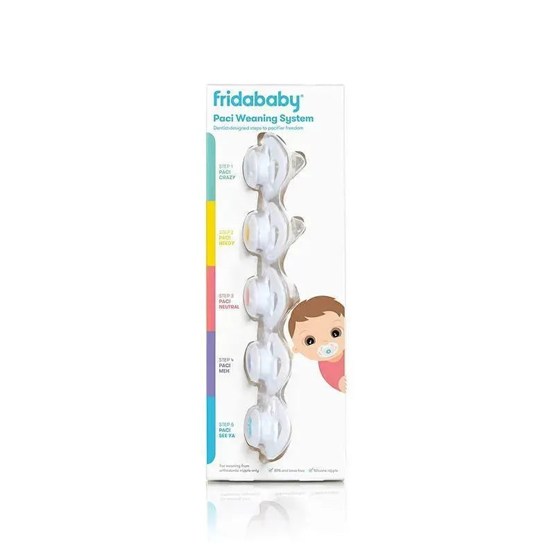 Fridababy Paci Weaning System package featuring six pacifiers labeled for gradual weaning steps with a child illustration.