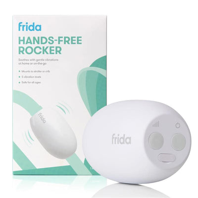 Portable hands-free rocker by Fridababy, featuring a white design with control buttons and packaging highlighting its gentle vibrations.