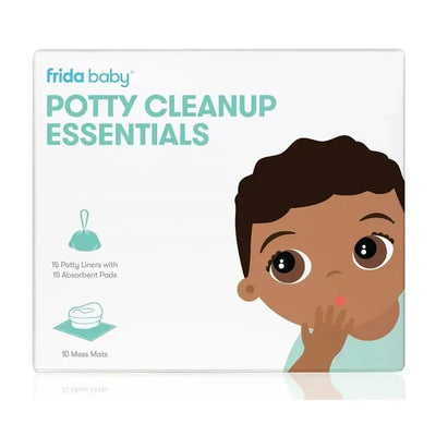 FridaBaby Potty Cleanup Essentials packaging featuring a child looking surprised, detailing 15 potty liners, 15 absorbent pads, and 10 mess mats.