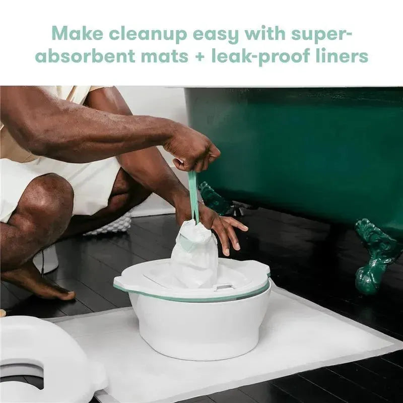 FridaBaby Potty Cleanup Essentials featuring a person using a leak-proof liner and super-absorbent mats for easy cleanup.