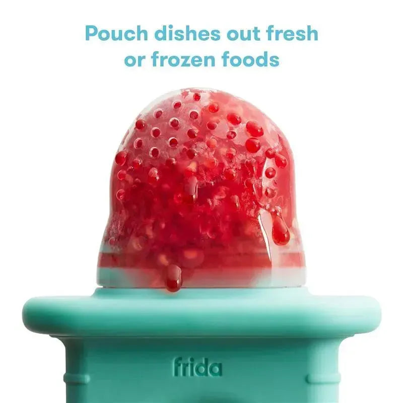 Teal Fridababy Push Pop Feeder with fresh fruit, designed for babies to easily ingest soft foods.