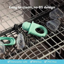 Teal Fridababy Push Pop Feeder with clear silicone nipple parts, placed in a dishwasher, emphasizing easy cleaning.