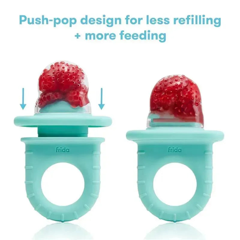 Teal Fridababy Push Pop Feeder, designed for baby fruit feeding, featuring a push-pop mechanism and visible strawberries.