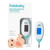 Fridababy Quick-Read Rectal Thermometer with a gentle flex tip, quick read feature, and backlit display, shown next to a cartoon baby.