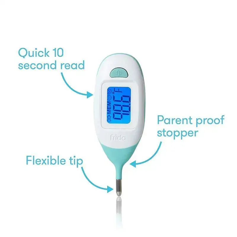 Quick-read rectal thermometer with a blue display, flexible tip, and features like a parent-proof stopper for safety.
