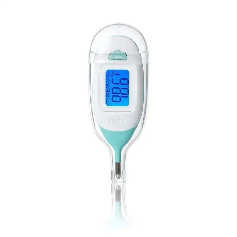 Quick-Read Rectal Thermometer by Fridababy, featuring a digital display showing temperature and a sleek design.