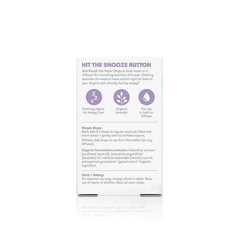 Fridababy Sleep Frida Lavender Bath Drops package features instructions and benefits, including calming vapors and organic lavender for relaxation.