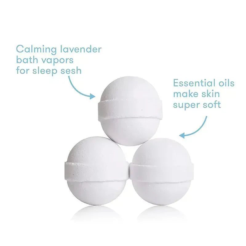 Three Fridababy SleepFrida Vapor Bath Bombs in white, promoting calming lavender scents and soft skin with essential oils.