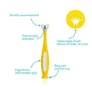 Yellow Fridababy Smilefrida 2.0 Toothhugger toothbrush with ergonomic grip, triple-angle brush, and dentist recommendations.