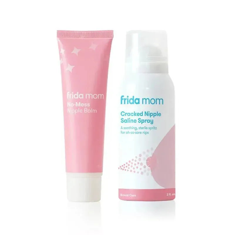 Frida Mom Sore Nipple Set featuring No-Mess Nipple Balm and Cracked Nipple Saline Spray for soothing sore nipples.