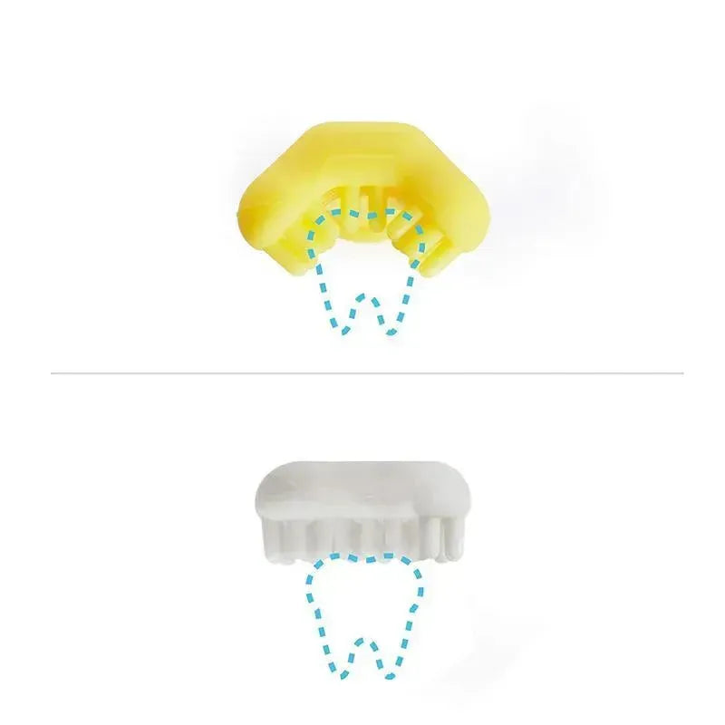 Training toothbrush for babies featuring soft silicone bristles, displayed in yellow and white designs.
