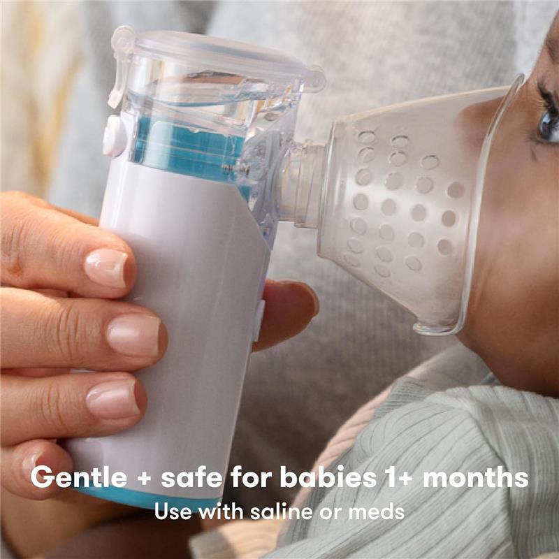 Portable nebulizer held by a caregiver, delivering medication to a baby. Text highlights its gentleness and safety for infants.