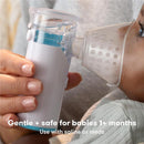 Portable nebulizer held by a caregiver, delivering medication to a baby. Text highlights its gentleness and safety for infants.
