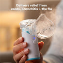 Portable nebulizer by Fridababy, emits mist from a clear mask, providing relief for colds, bronchitis, and flu.