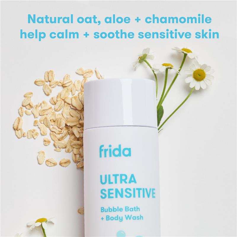 Fridababy Ultra Sensitive Bubble Bath + Body Wash, 10oz, featuring oats, chamomile, and aloe for calming sensitive skin.