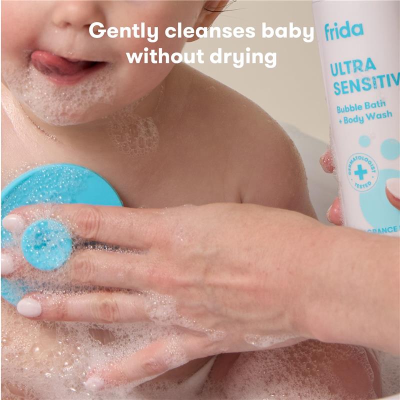 Unscented bubble bath and body wash for babies, featuring a hand applying product to a baby covered in bubbles.