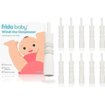 Fridababy Windi the Gaspasser package with ten white gas-and-colic relief tubes, featuring a cartoon baby on the box.