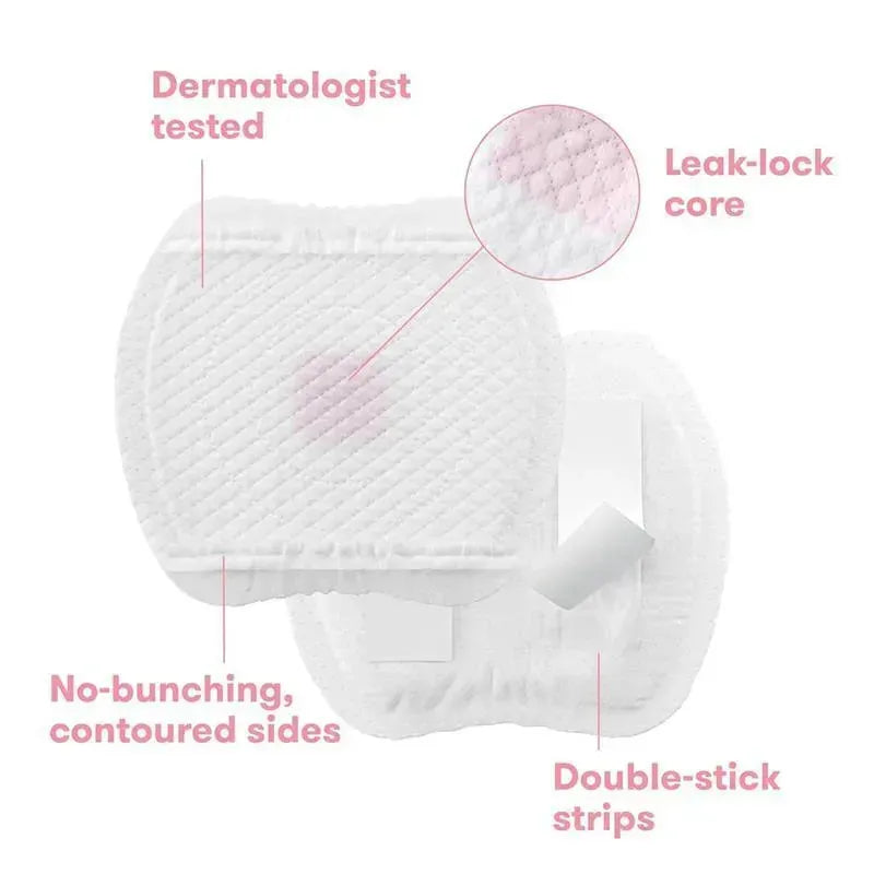 FridaMom disposable nursing pads with a leak-lock core, contoured sides, and double-stick strips, dermatologically tested.
