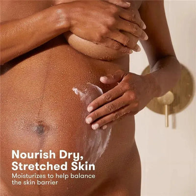 FridaMom Bump + Body In-Shower Lotion applied to a damp abdomen, emphasizing moisture for dry skin. Text shows benefits.