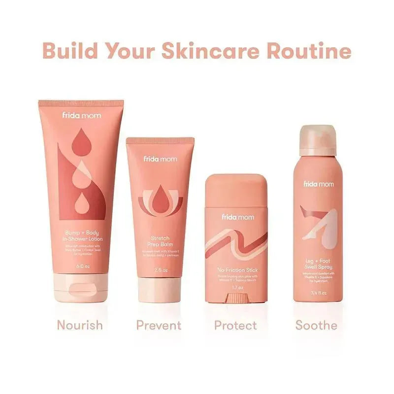 FridaMom Bump + Body In-Shower Lotion, 6 Oz, alongside three other skincare products, all in pink packaging.