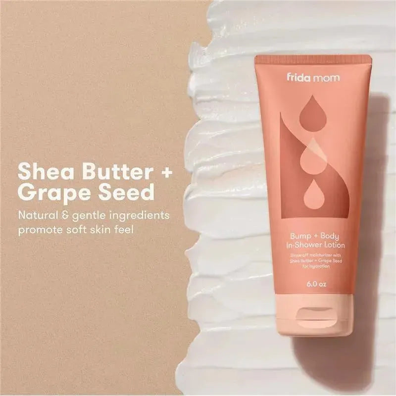 FridaMom Bump + Body In-Shower Lotion, 6 oz tube featuring shea butter and grape seed with text about soft skin benefits.
