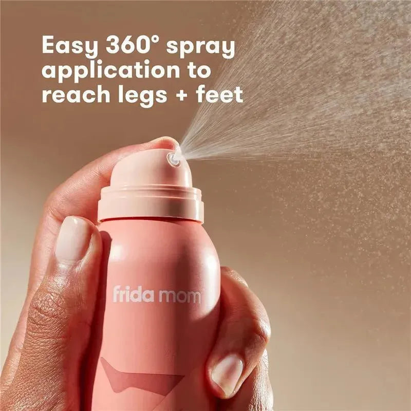 FridaMom Leg + Foot Spray being applied, featuring a 360° spray nozzle for easy use on legs and feet.