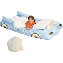 Convertible kids air mattress designed as a blue car, featuring a child laughing, a fluffy blanket, and a storage bag.