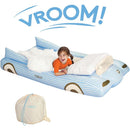 Blue convertible air mattress for kids with a smiling girl, fluffy blanket, and small storage bag, labeled FUNBOY.