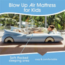 Blue convertible air mattress for kids with a soft flocked sleeping area, featuring a child relaxing on it.