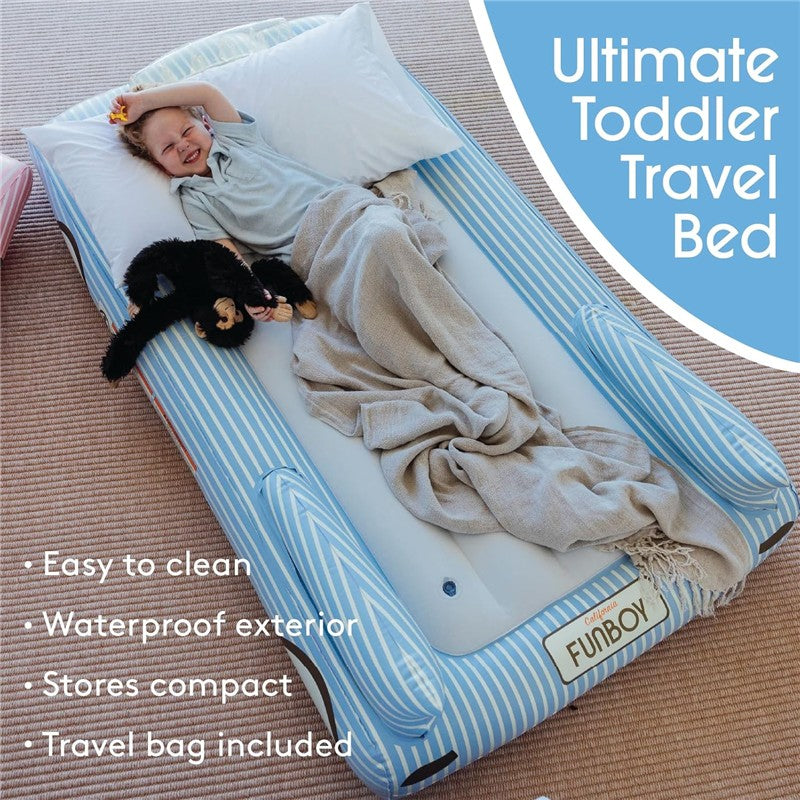 Convertible air mattress for kids featuring a waterproof design, with a child, pillows, and a cozy blanket.