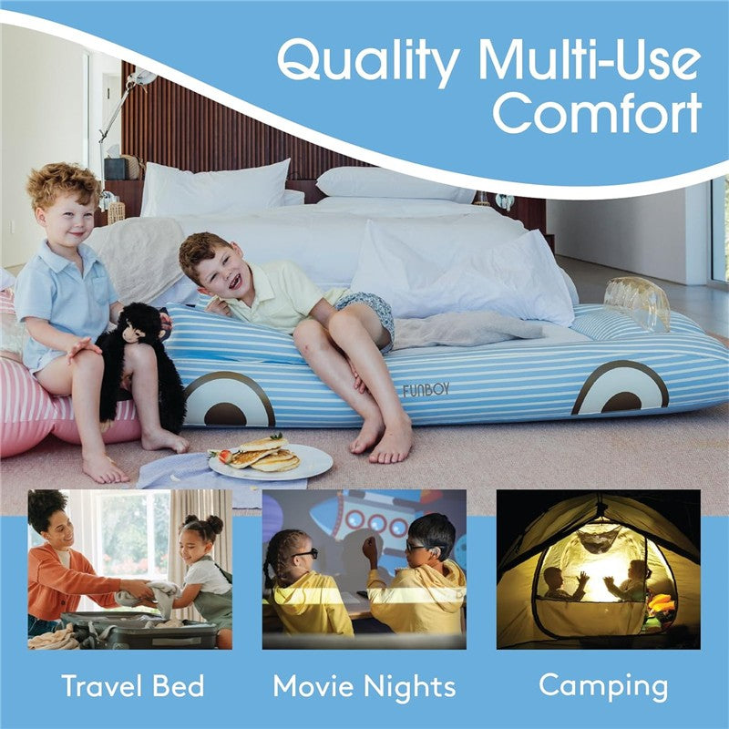 Two children sitting on a FUNBOY blue convertible kids sleepover air mattress with snacks nearby, showcasing multi-use comfort for travel, movie nights, and camping.