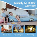 Two children sitting on a FUNBOY blue convertible kids sleepover air mattress with snacks nearby, showcasing multi-use comfort for travel, movie nights, and camping.
