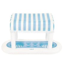 Blue and white striped floating cabana bar with drink holders and a stylish canopy, branded FUNBOY.