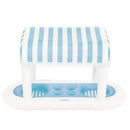 Blue and white striped floating cabana bar with drink holders and a stylish canopy, branded FUNBOY.