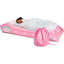 Kids air mattress featuring a pink Barbie design, with a child sleeping under a white blanket beside a storage bag.