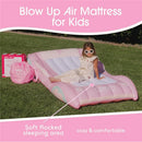 Kids air mattress with a soft flocked sleeping area, featuring a girl in fashionable sunglasses, relaxing outdoors.