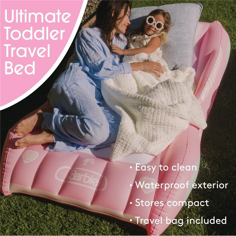 Pink FUNBOY Kids Air Mattress featuring Barbie design, with a woman and girl cuddled up under a blanket outdoors.