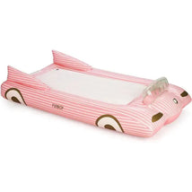 Kids pink inflatable travel bed with car design, featuring headrests and a soft mattress surface.