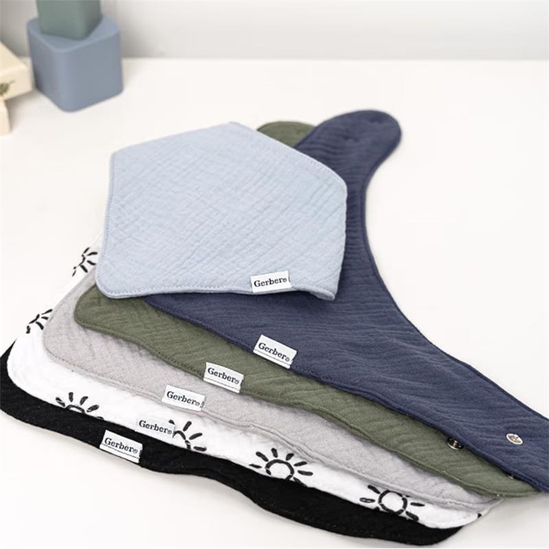 Multi-pack of Gerber baby bandana bibs in various colors, featuring a blue, green, gray, and patterned designs.