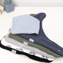 Multi-pack of Gerber baby bandana bibs in various colors, featuring a blue, green, gray, and patterned designs.