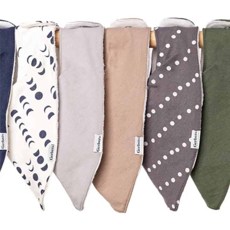 Multi-pack of Gerber baby girl bandana bibs in various colors and patterns, featuring pink and neutral tones with stylish prints.