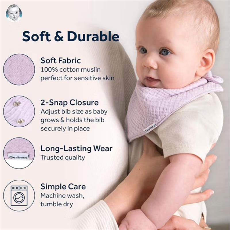 Gerber 10-pack baby bibs in neutral brown tones, featuring soft cotton muslin, a 2-snap closure, and care instructions.