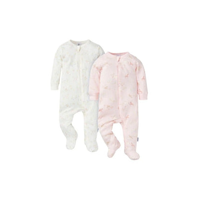 Two textured zip-up baby sleepers in white and pink, featuring pony prints and long sleeves, designed for comfort.