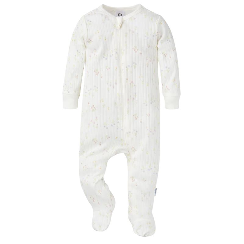 Textured white baby sleep suit with a 2-way zip and a floral pony pattern, designed for comfort and ease of dressing.